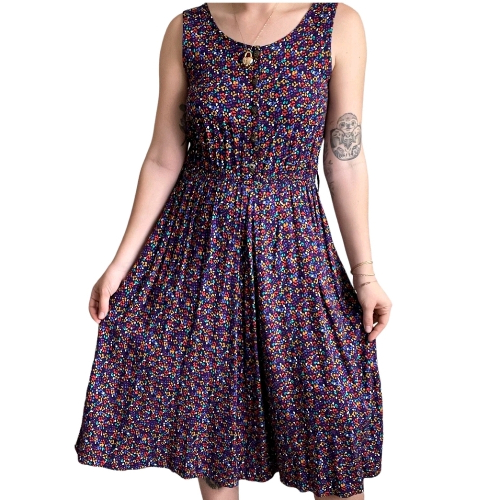 Vintage 90s Erika Colorful Ditsy Floral Sleeveless Midi Tank Dress Size Large